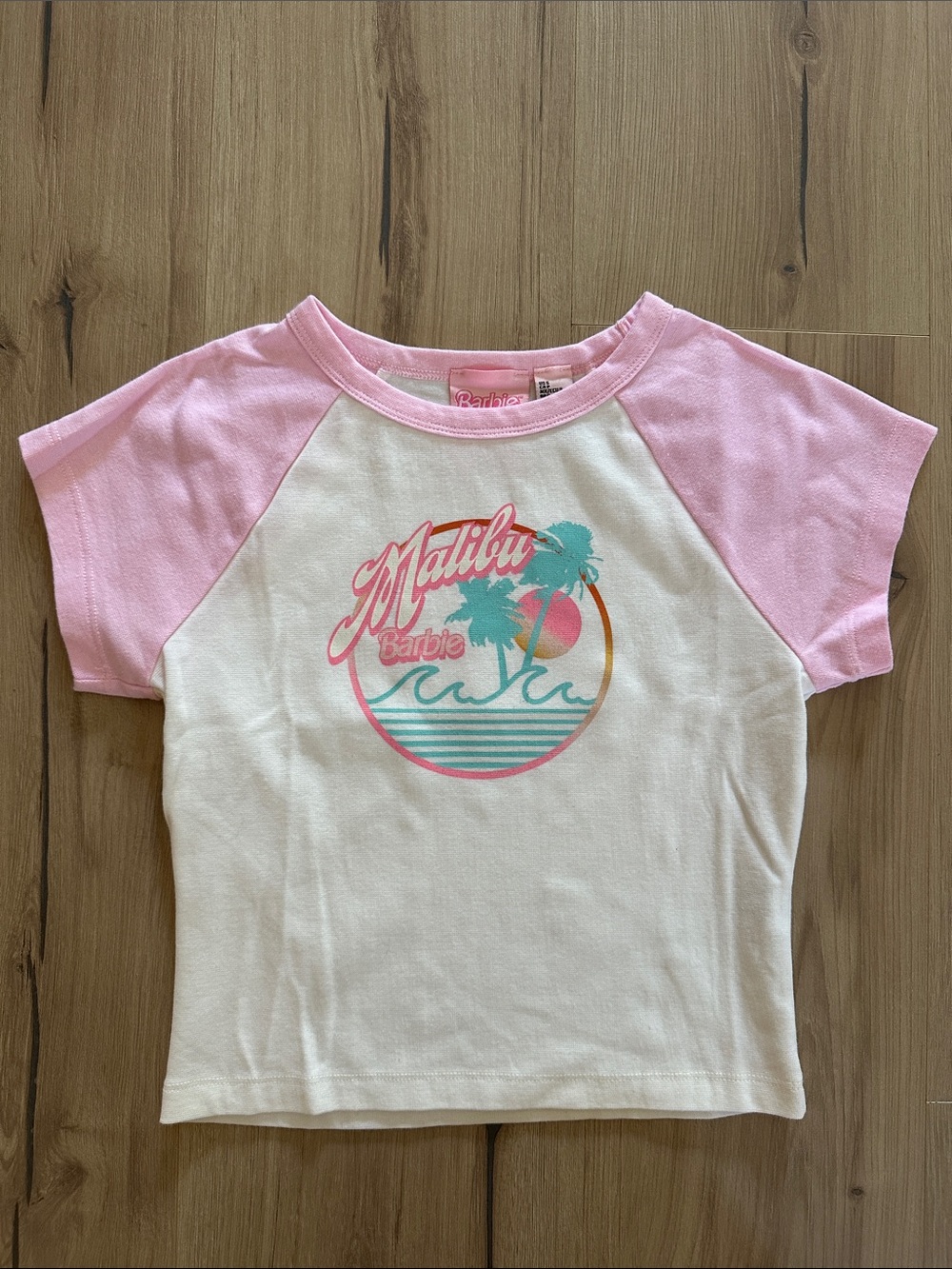 Forever 21 Pink and White Malibu Graphic Raglan Tee